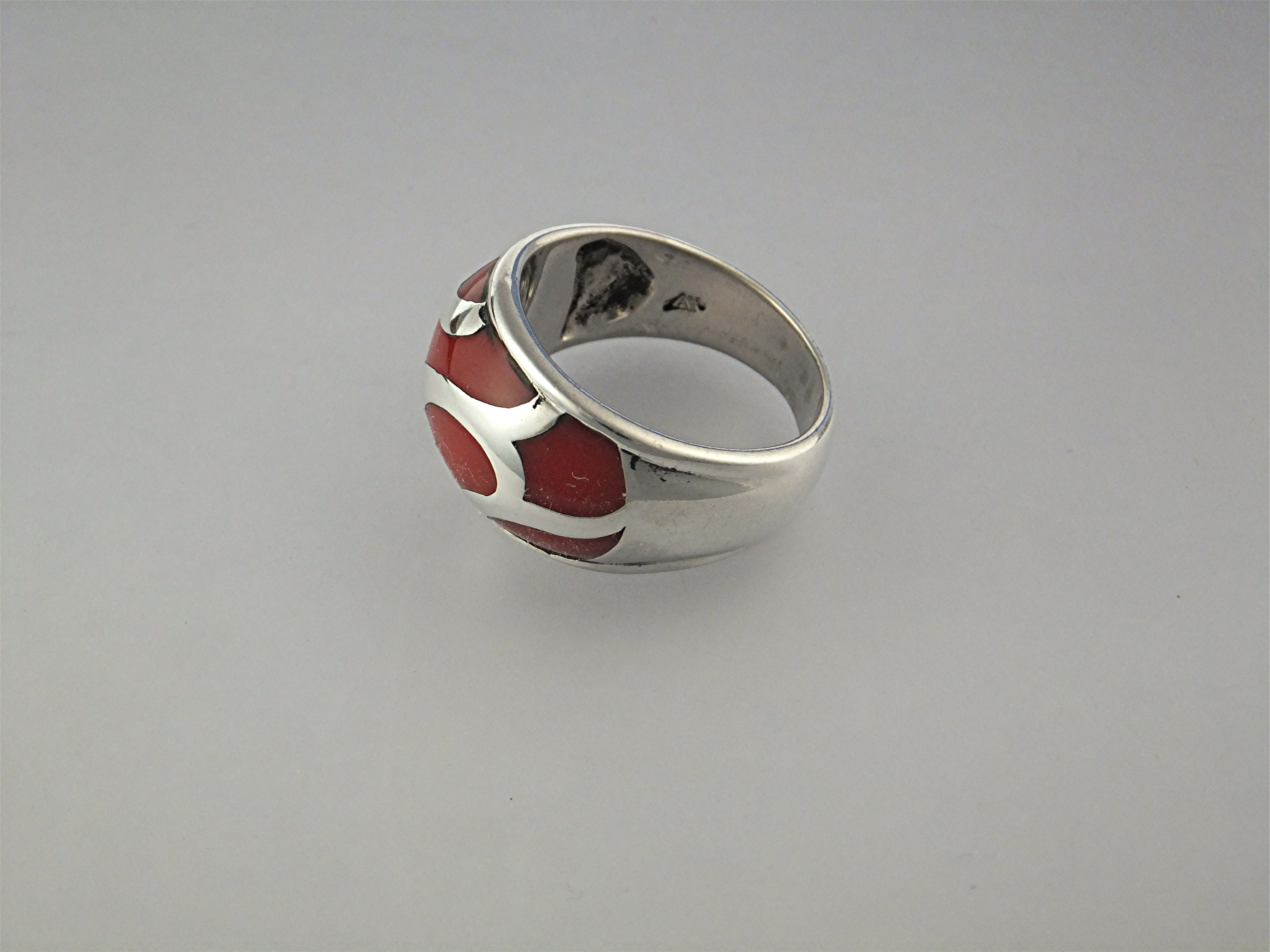 Ring Sterling Silver Apple Coral Signed 'A'