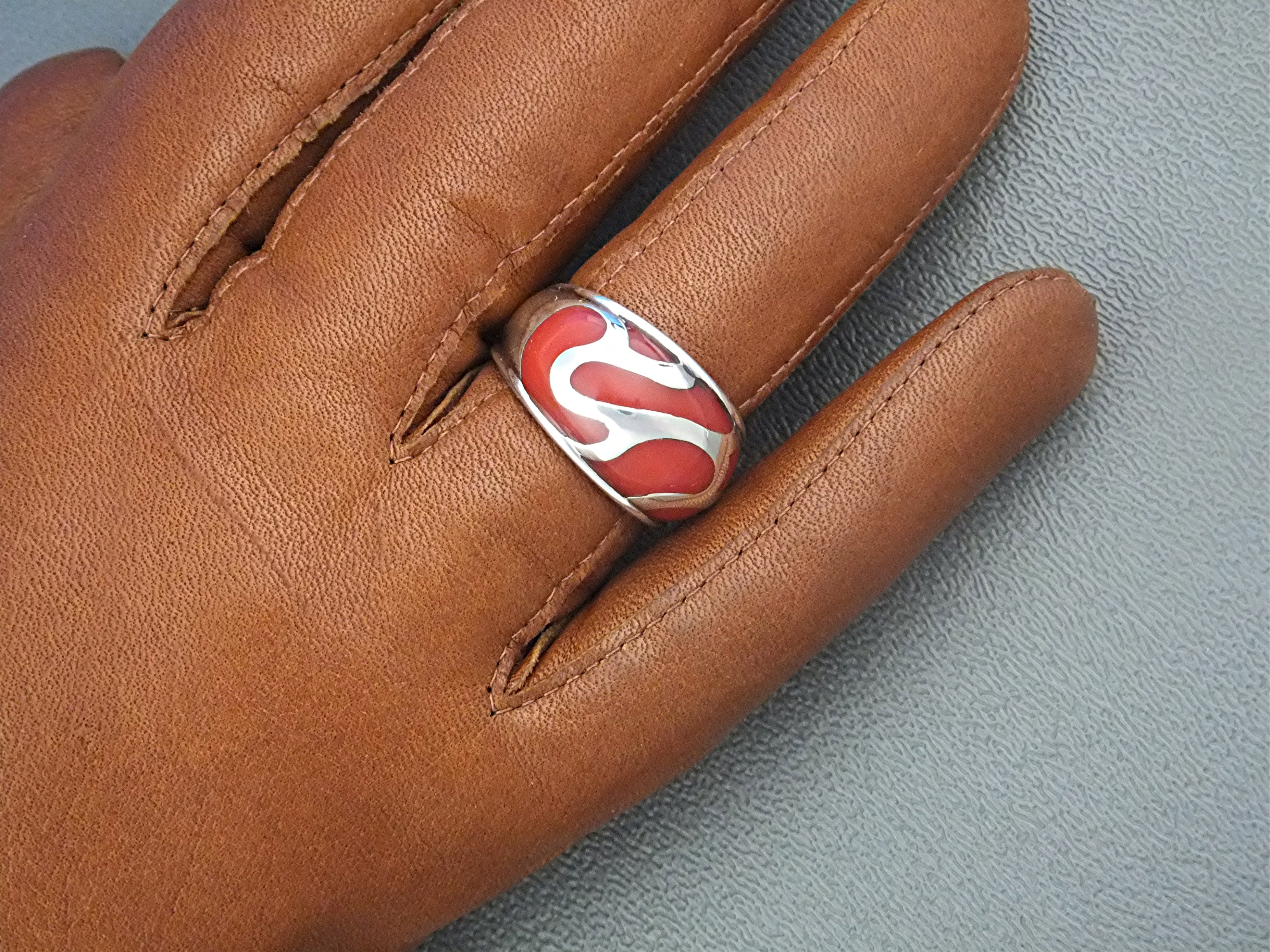 Ring Sterling Silver Apple Coral Signed 'A'