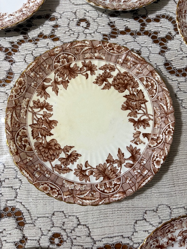 Victorian Brown Transferware Cake and Pastry Serving Set 9pc Cake Platter and 8 Cake Plates 7" Chrysanthemums (mums)