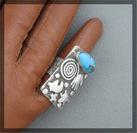 Navajo Sterling Silver Turquoise Petrogliph Ring Alex S