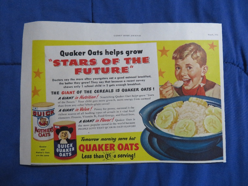 1951 Quaker Oats with Boy Eating a Bowl of Oats Cereal with Bananas