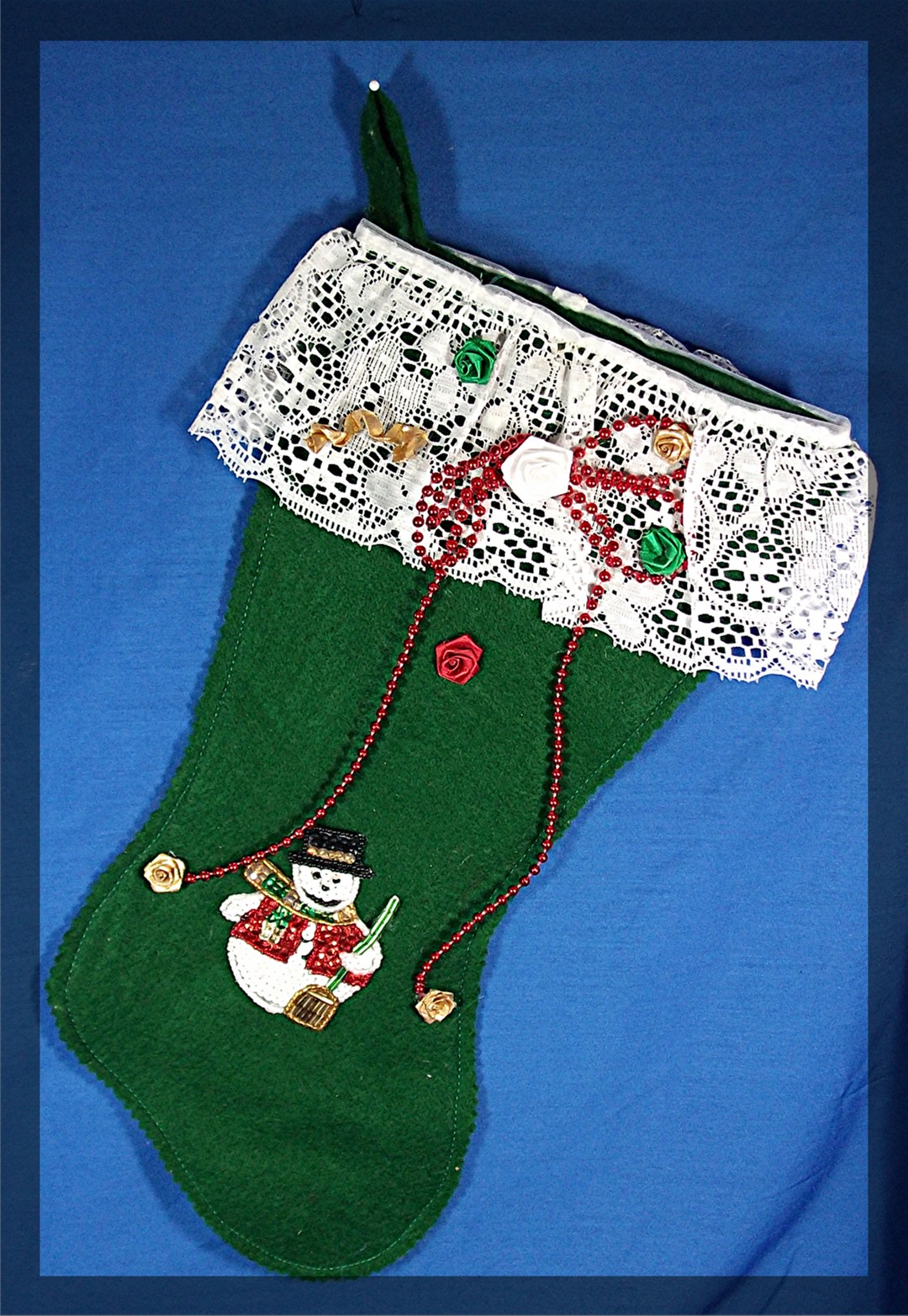 Christmas Stocking, felt, Snowman, beads and lace