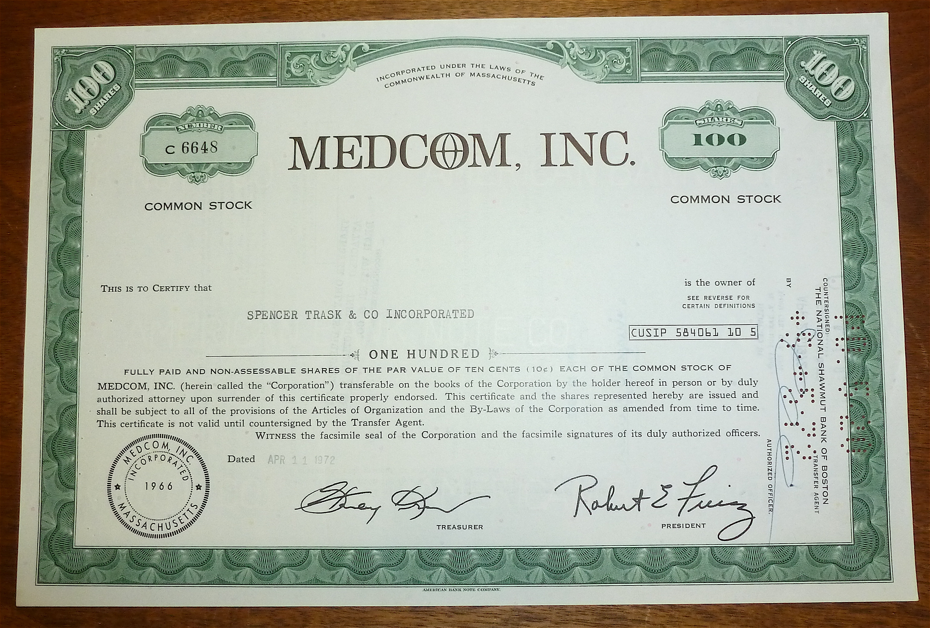 1972 Medcom Inc. Stock Certificate