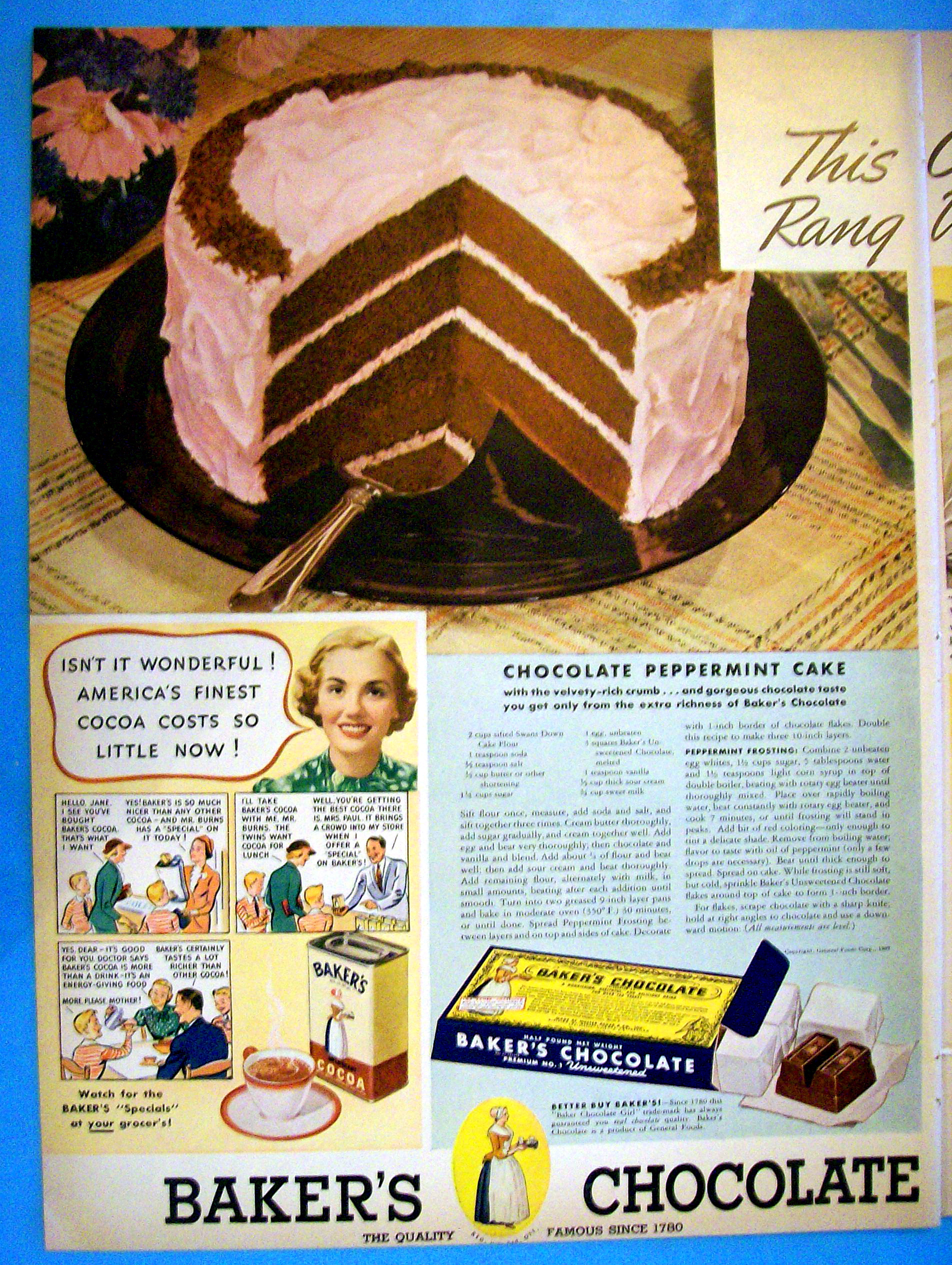 1937 Baker's Chocolate with Chocolate Peppermint Cake