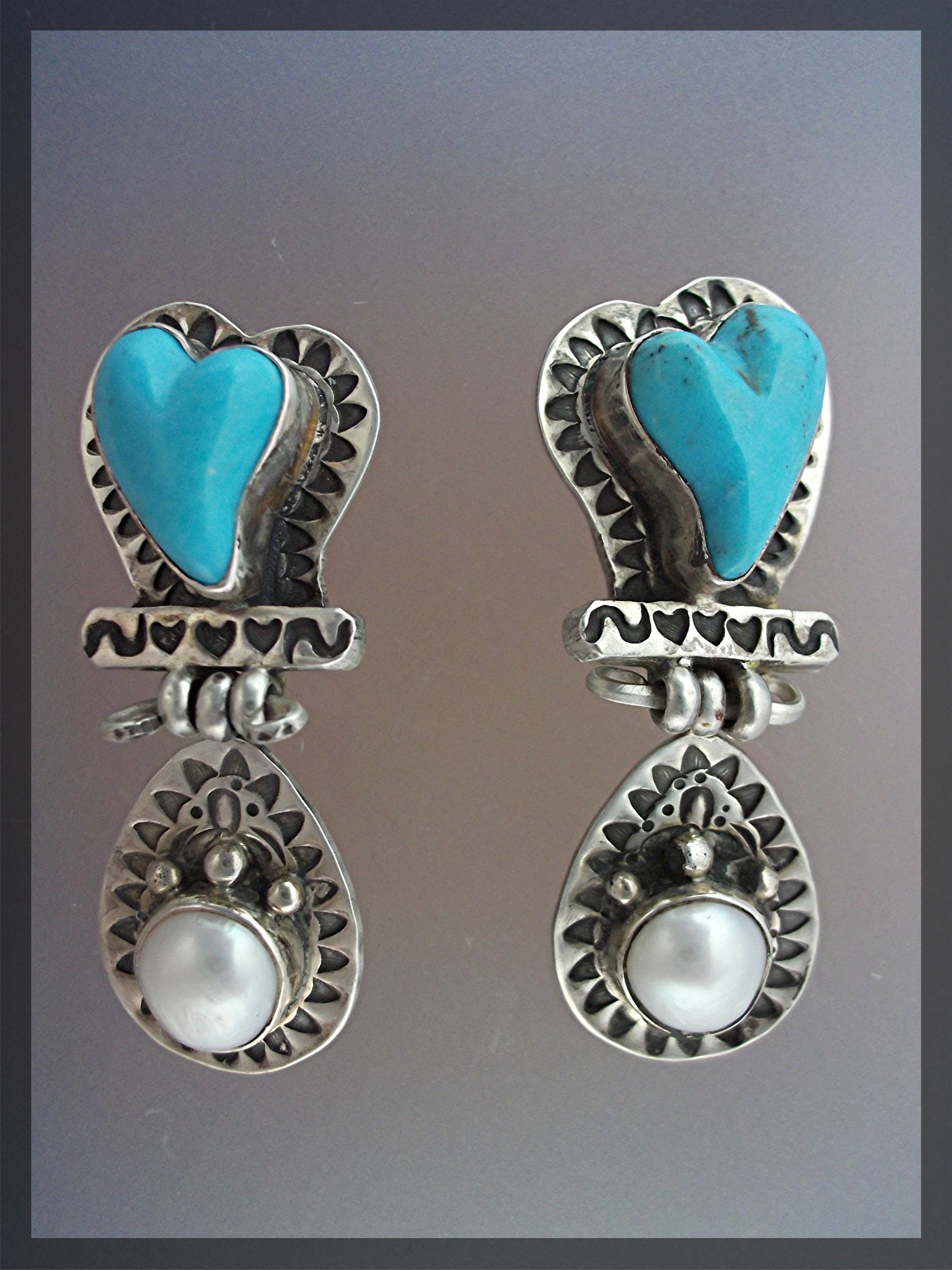 David Troutman Carved Turquoise Hearts Pearl Clips