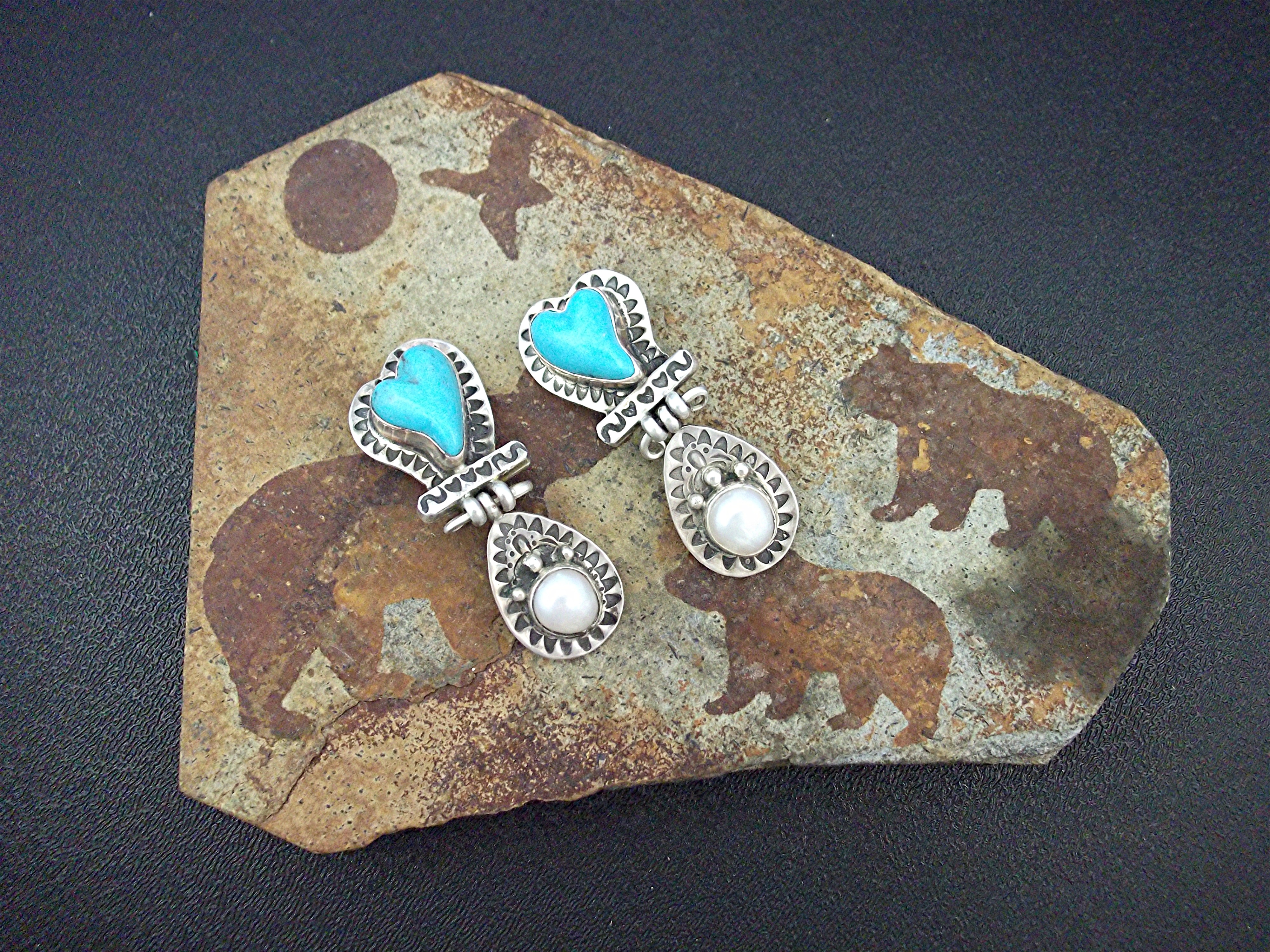 David Troutman Carved Turquoise Hearts Pearl Clips