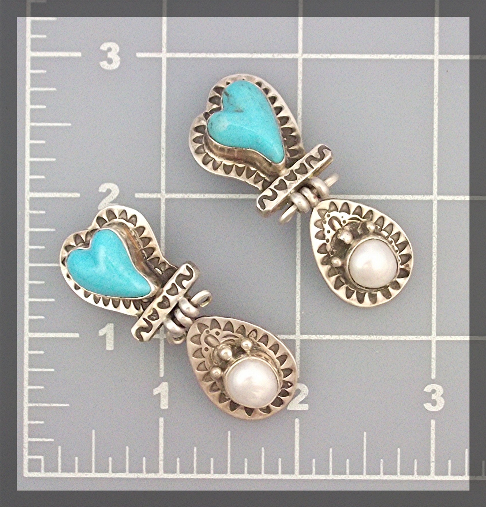 David Troutman Carved Turquoise Hearts Pearl Clips