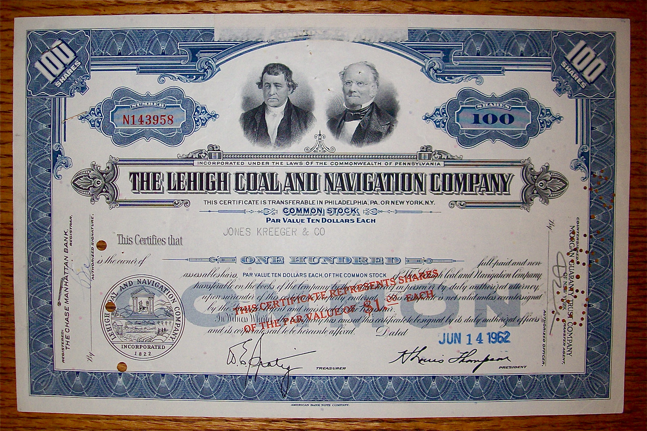 1962 LeHigh Coal & Navigation Company Stock Certificate