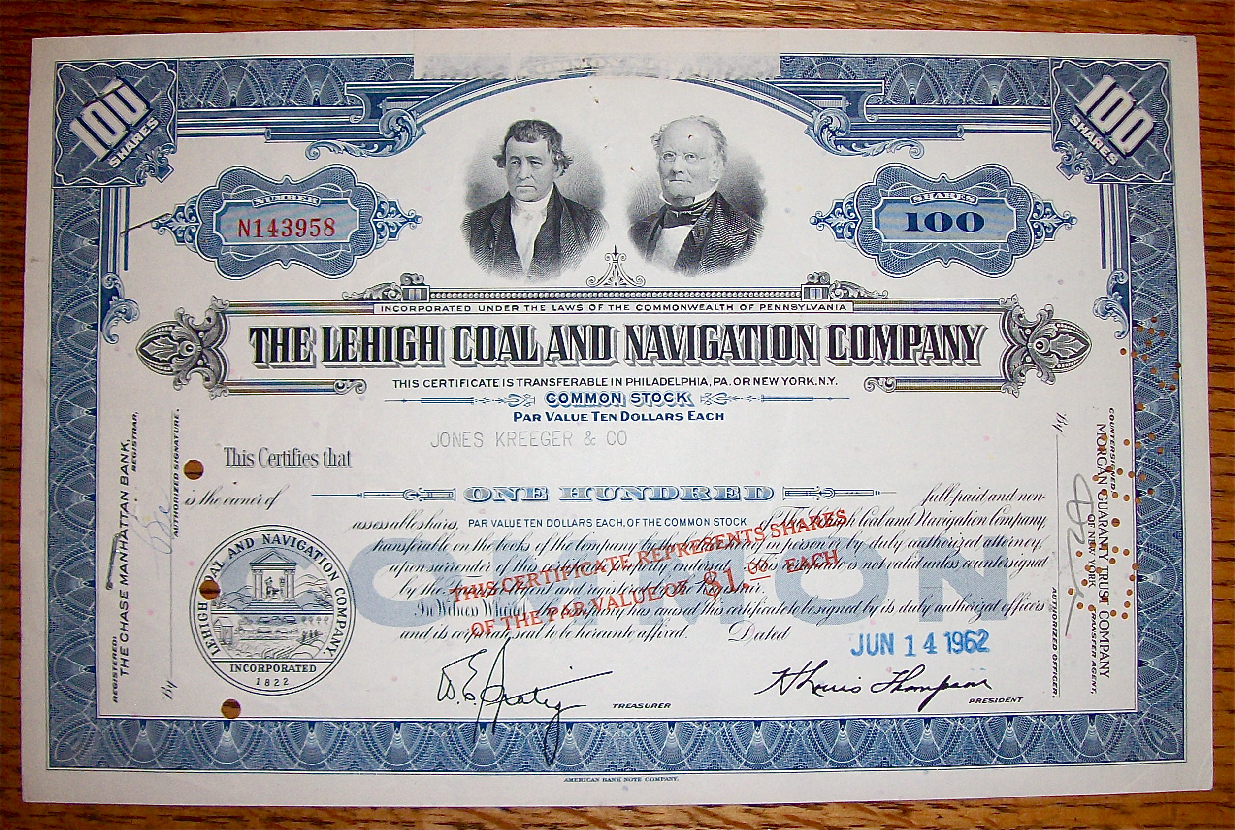 1962 LeHigh Coal & Navigation Company Stock Certificate