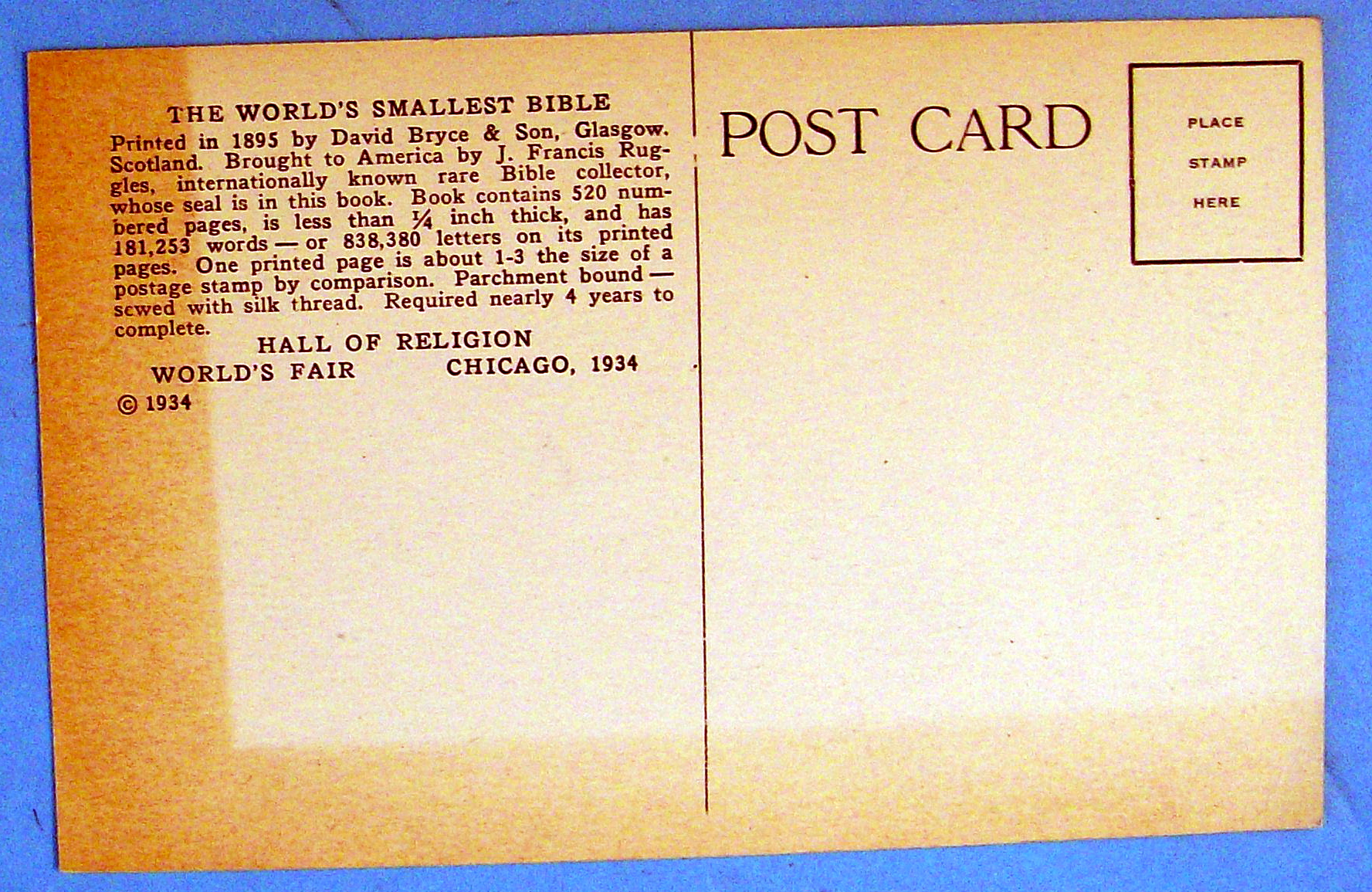 1933 Century of Progress, Smallest Bible Postcard