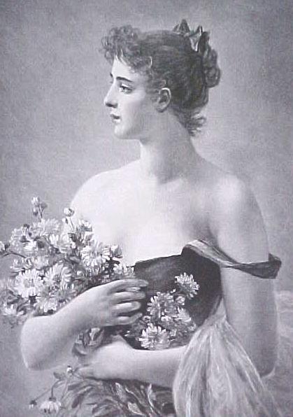 Lady with Flowers 1880's Germany Engraving Ornate Frame
