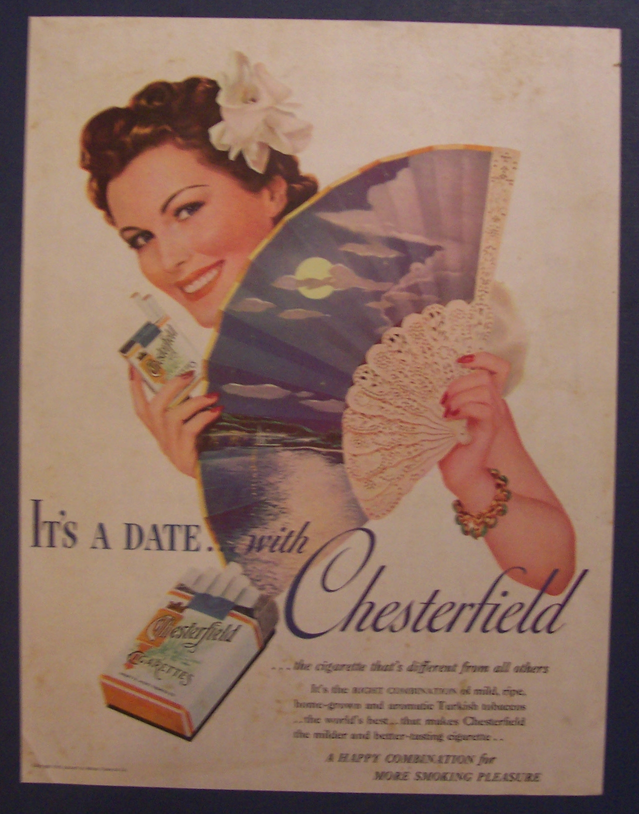 1939 Chesterfield Cigarettes w/Woman Holding Fan Open