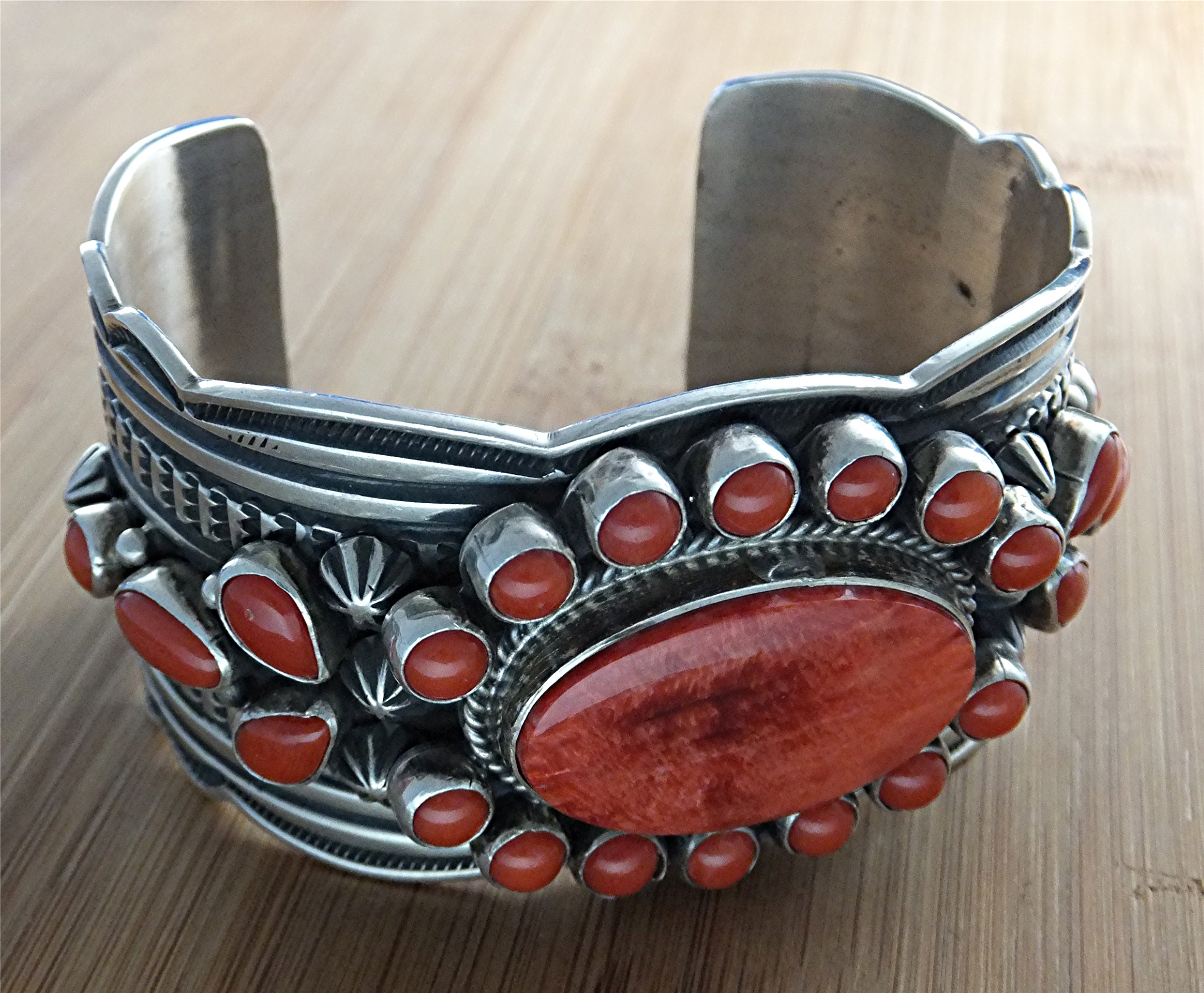 Navajo Coral Spiny Oyster Sterling Silver A. CADMAN