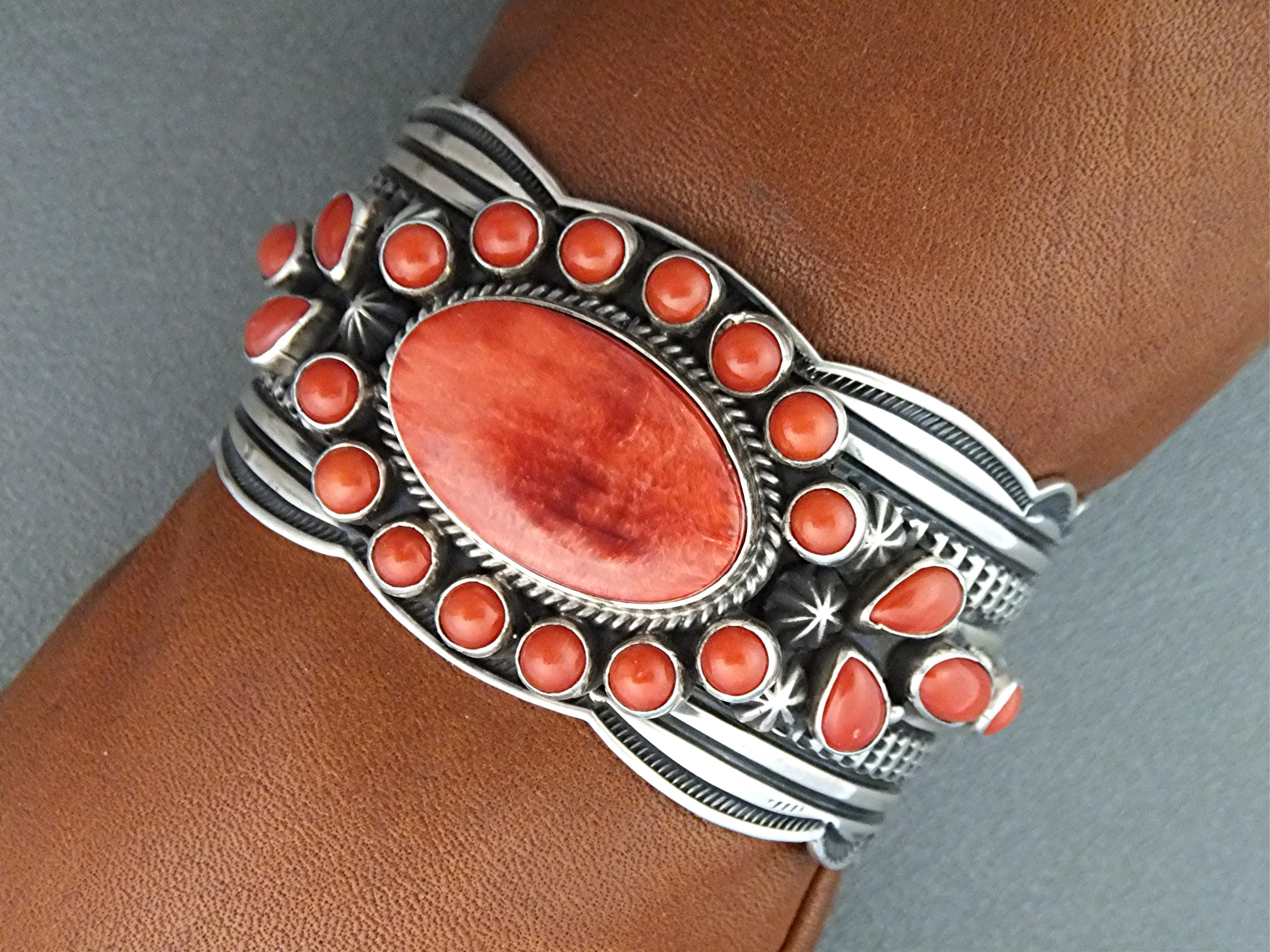 Navajo Coral Spiny Oyster Sterling Silver A. CADMAN