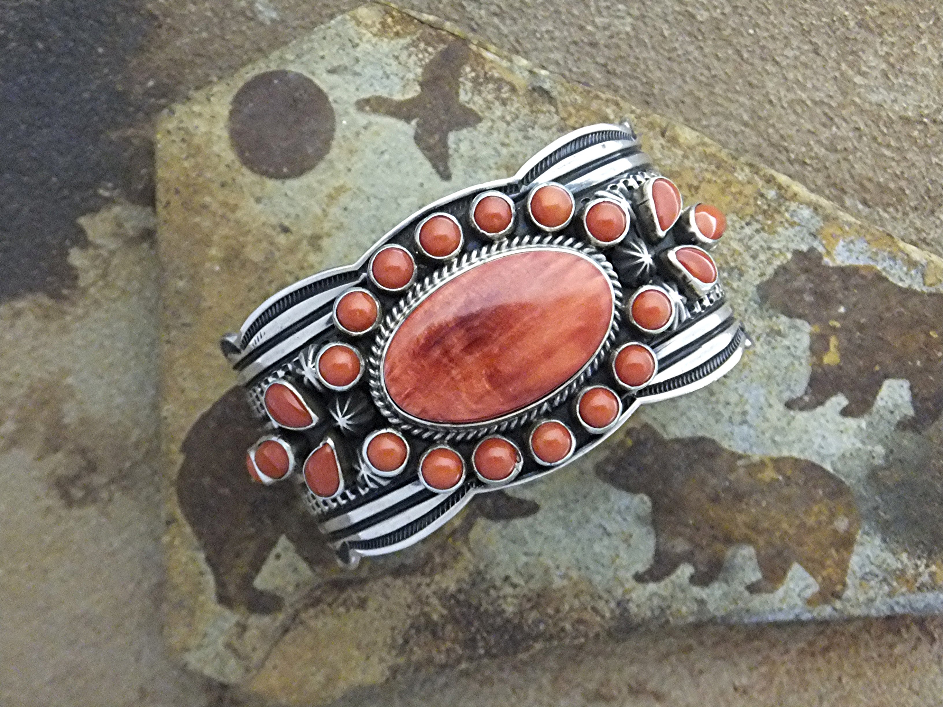 Navajo Coral Spiny Oyster Sterling Silver A. CADMAN