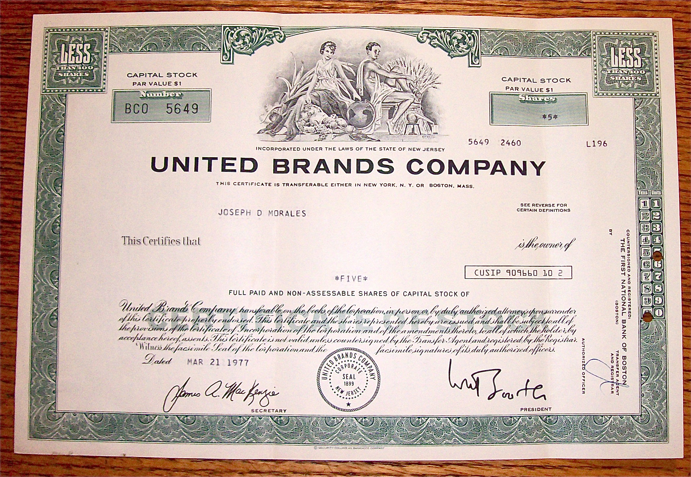 1977 United Brands Company Stock Certificate