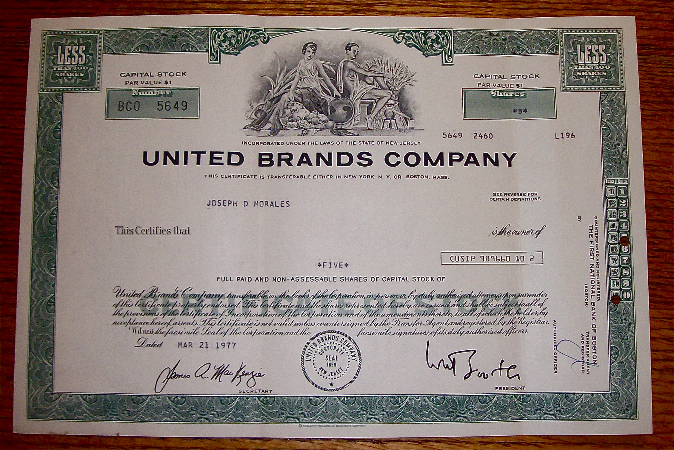 1977 United Brands Company Stock Certificate