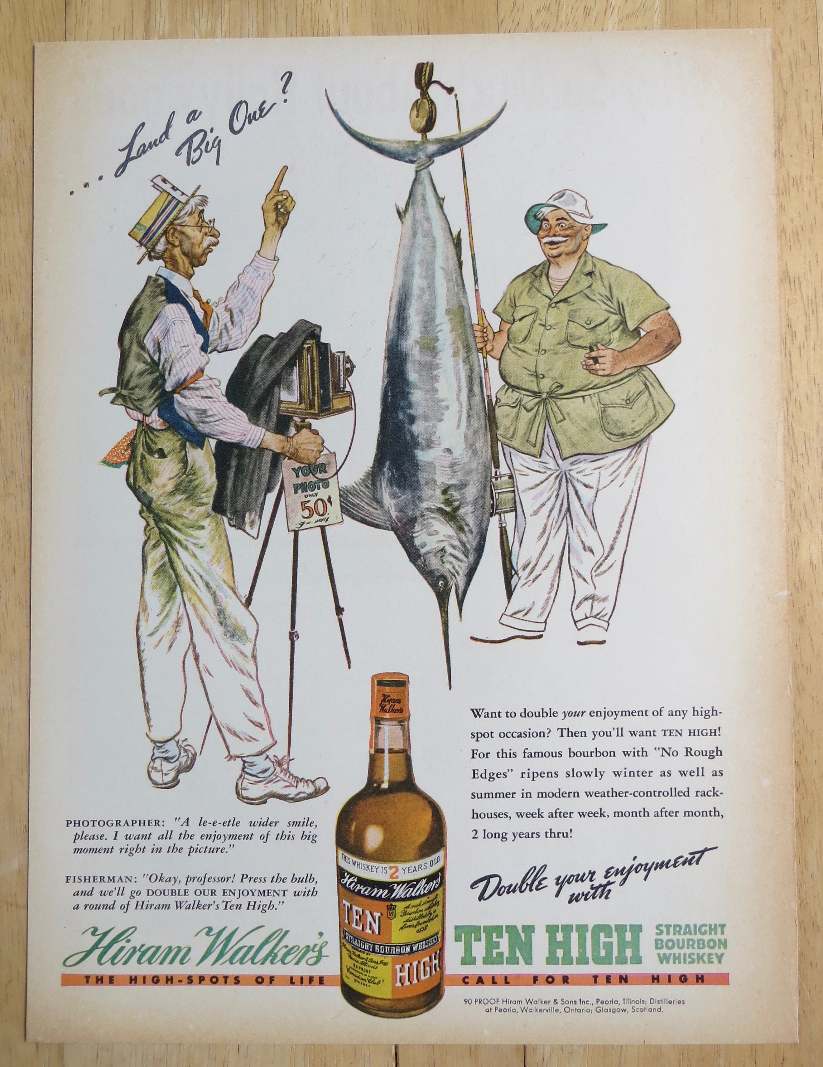 1938 Ten High Whiskey with Man Taking Picture with Fish