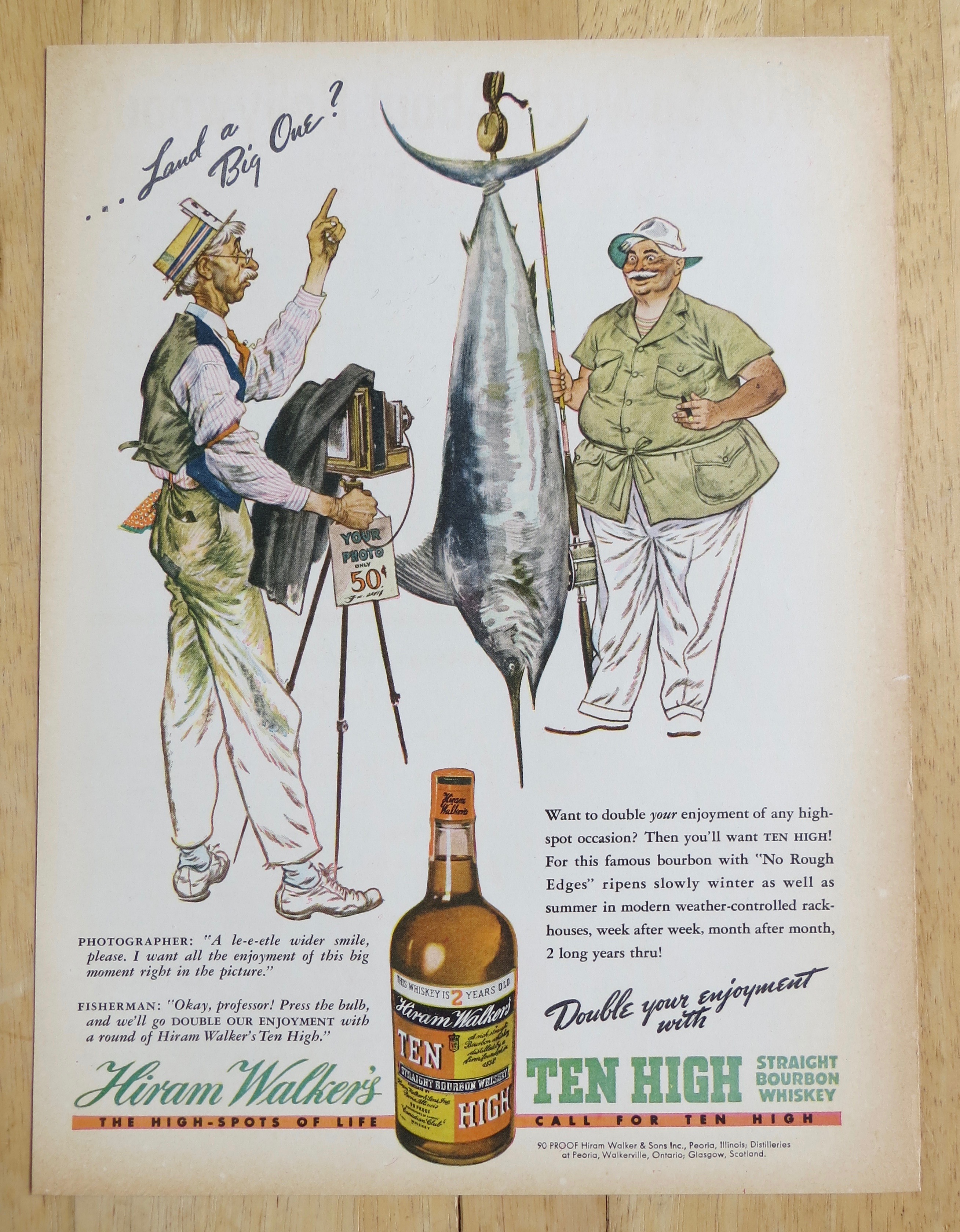 1938 Ten High Whiskey with Man Taking Picture with Fish