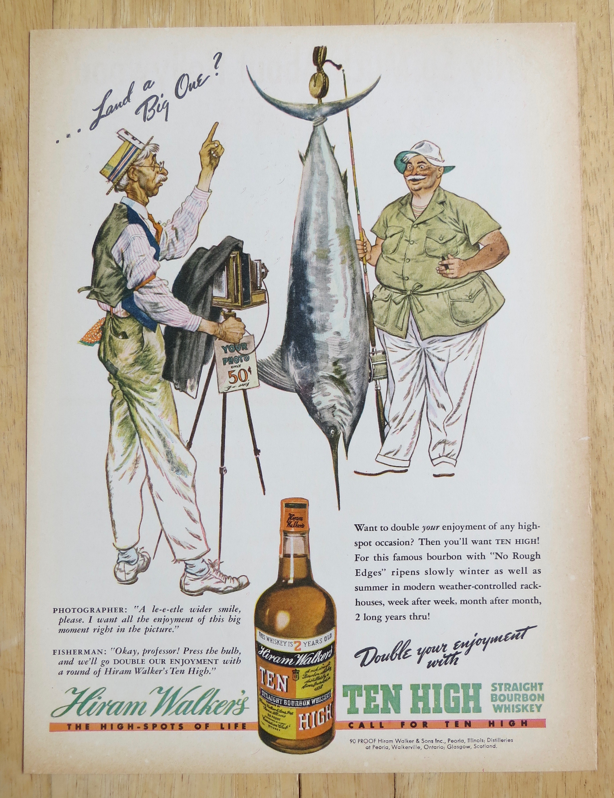 1938 Ten High Whiskey with Man Taking Picture with Fish