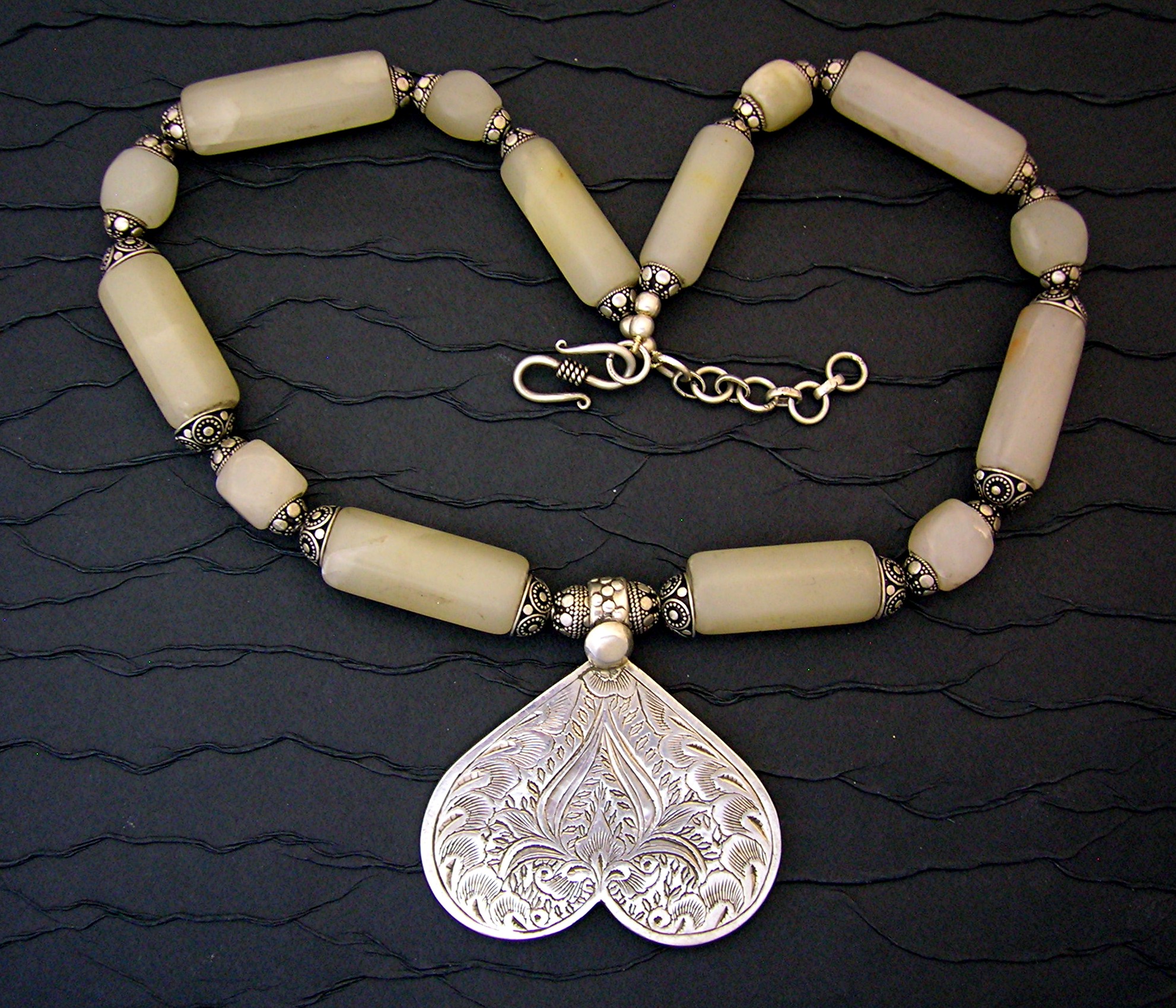 Sterling Silver Heart White Jade Silver Beads Necklace