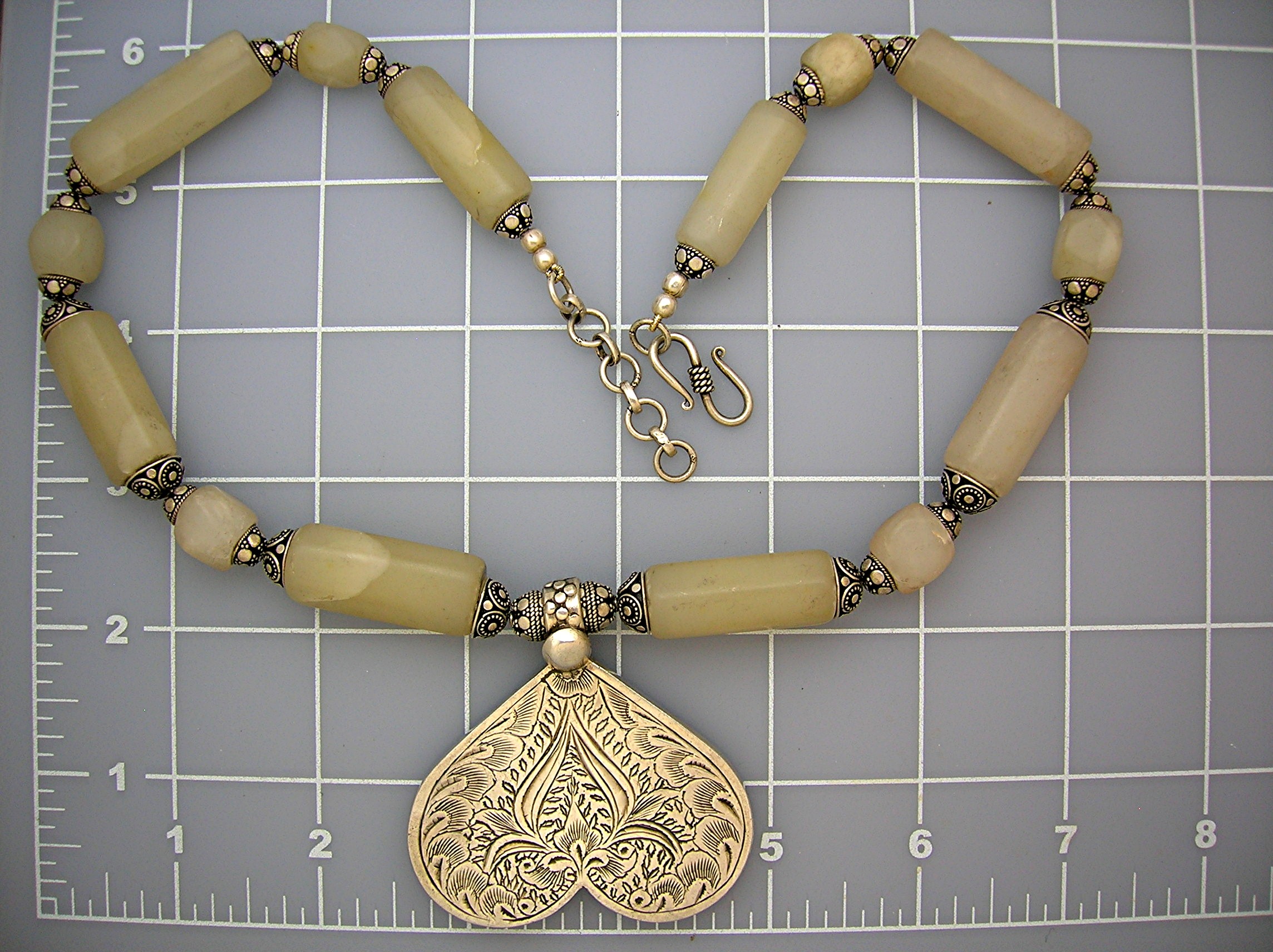 Sterling Silver Heart White Jade Silver Beads Necklace