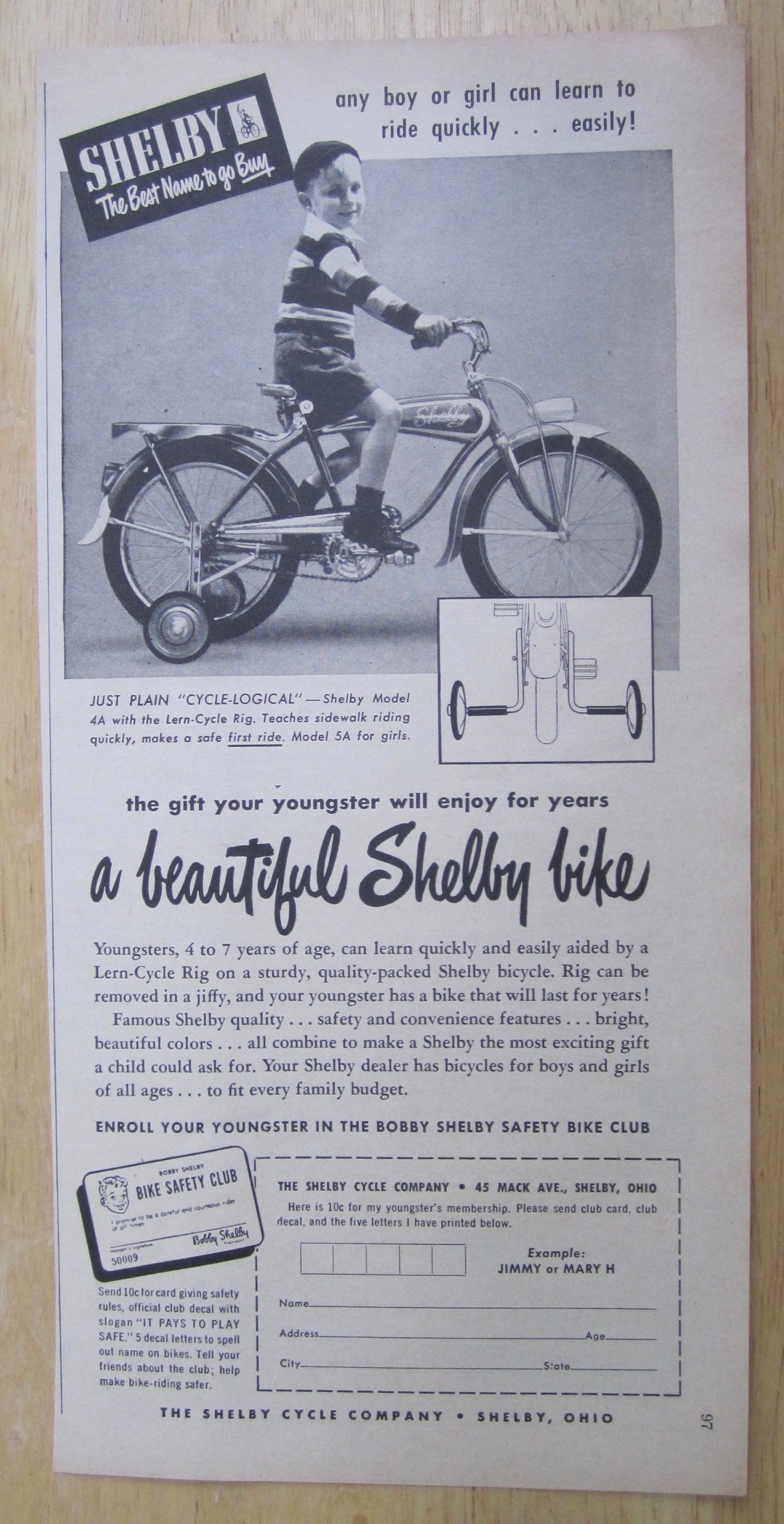 1950 Shelby Bicycles with a Boy on the Cycle Logical