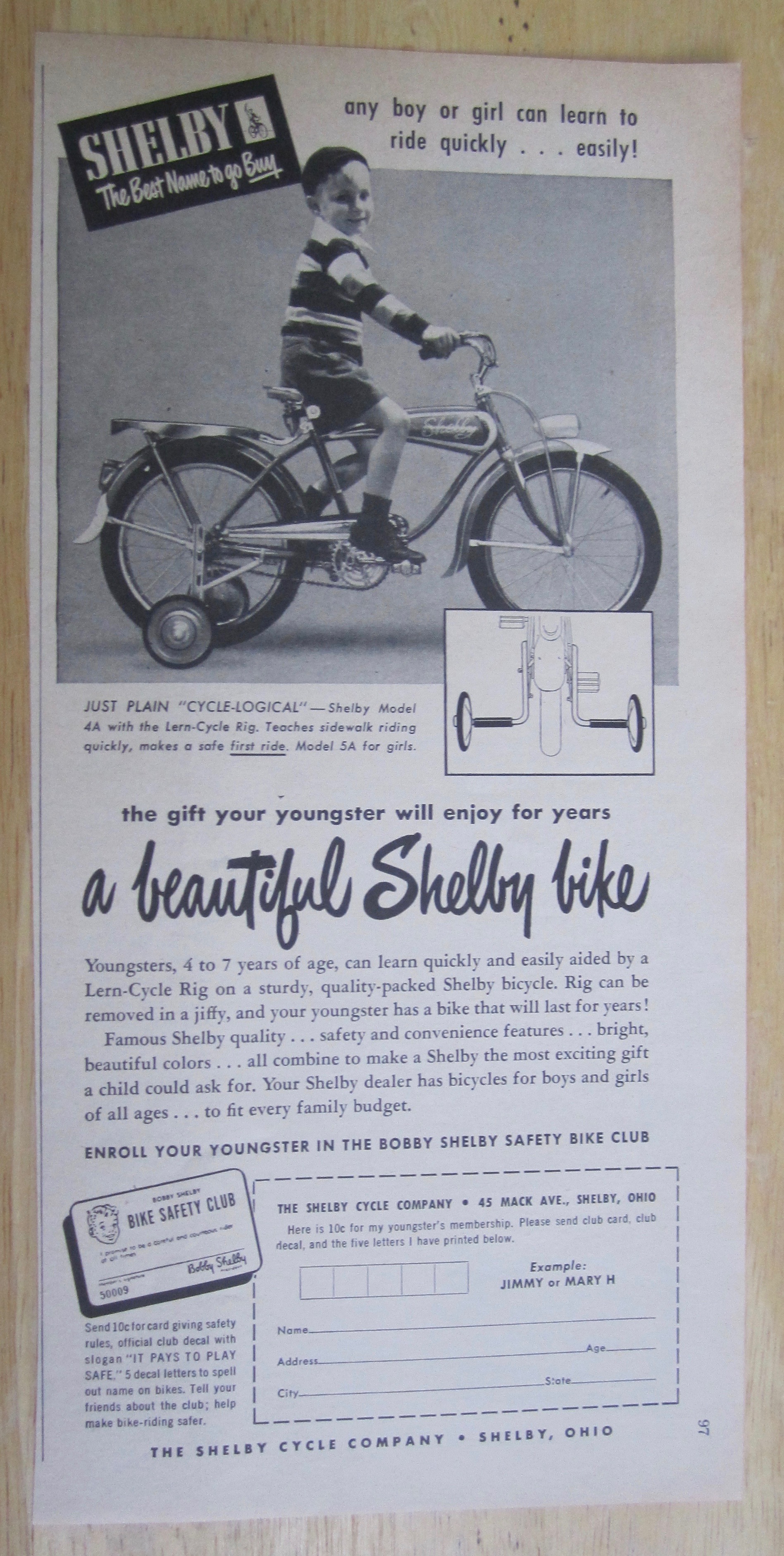 1950 Shelby Bicycles with a Boy on the Cycle Logical