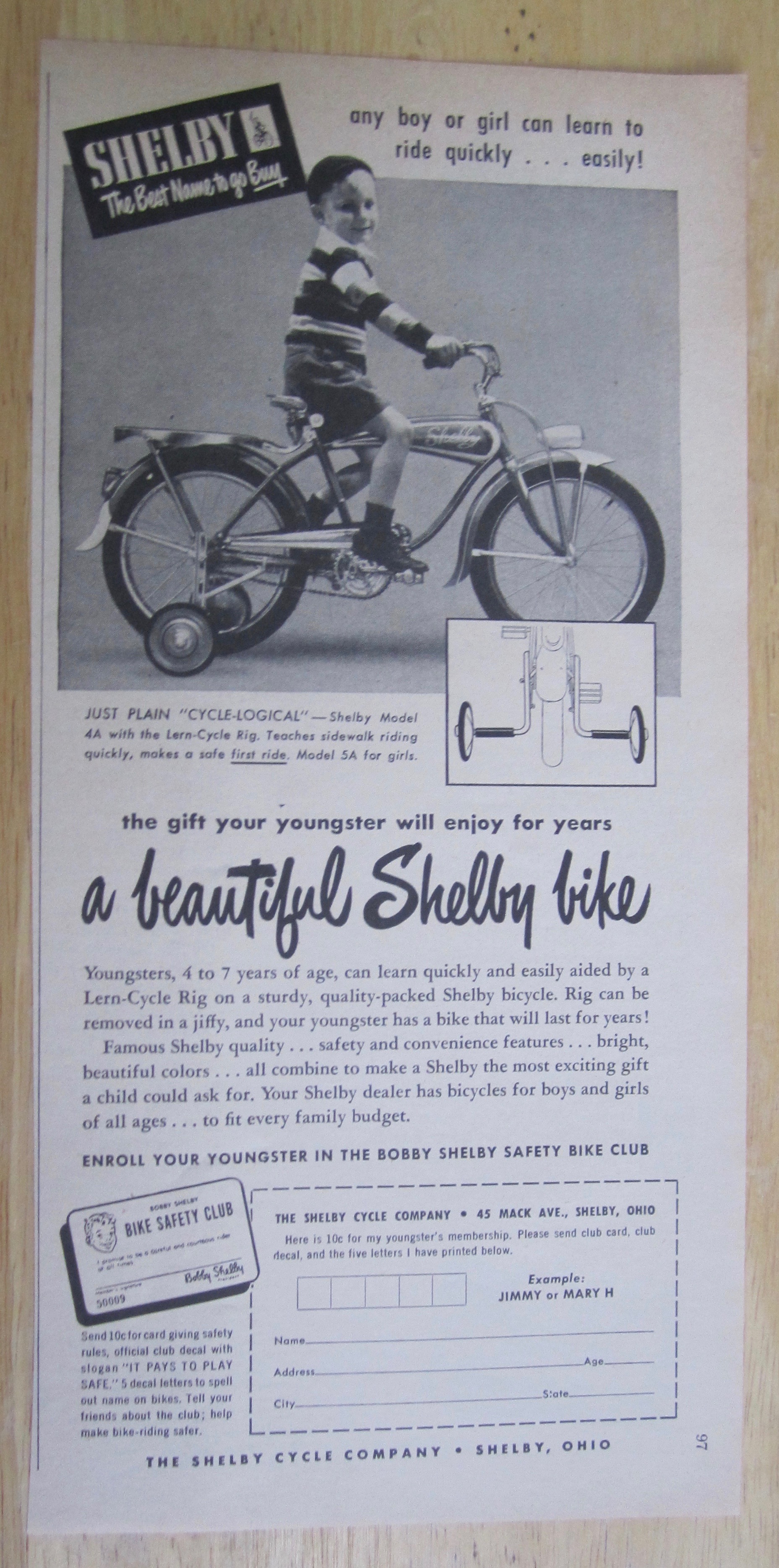 1950 Shelby Bicycles with a Boy on the Cycle Logical