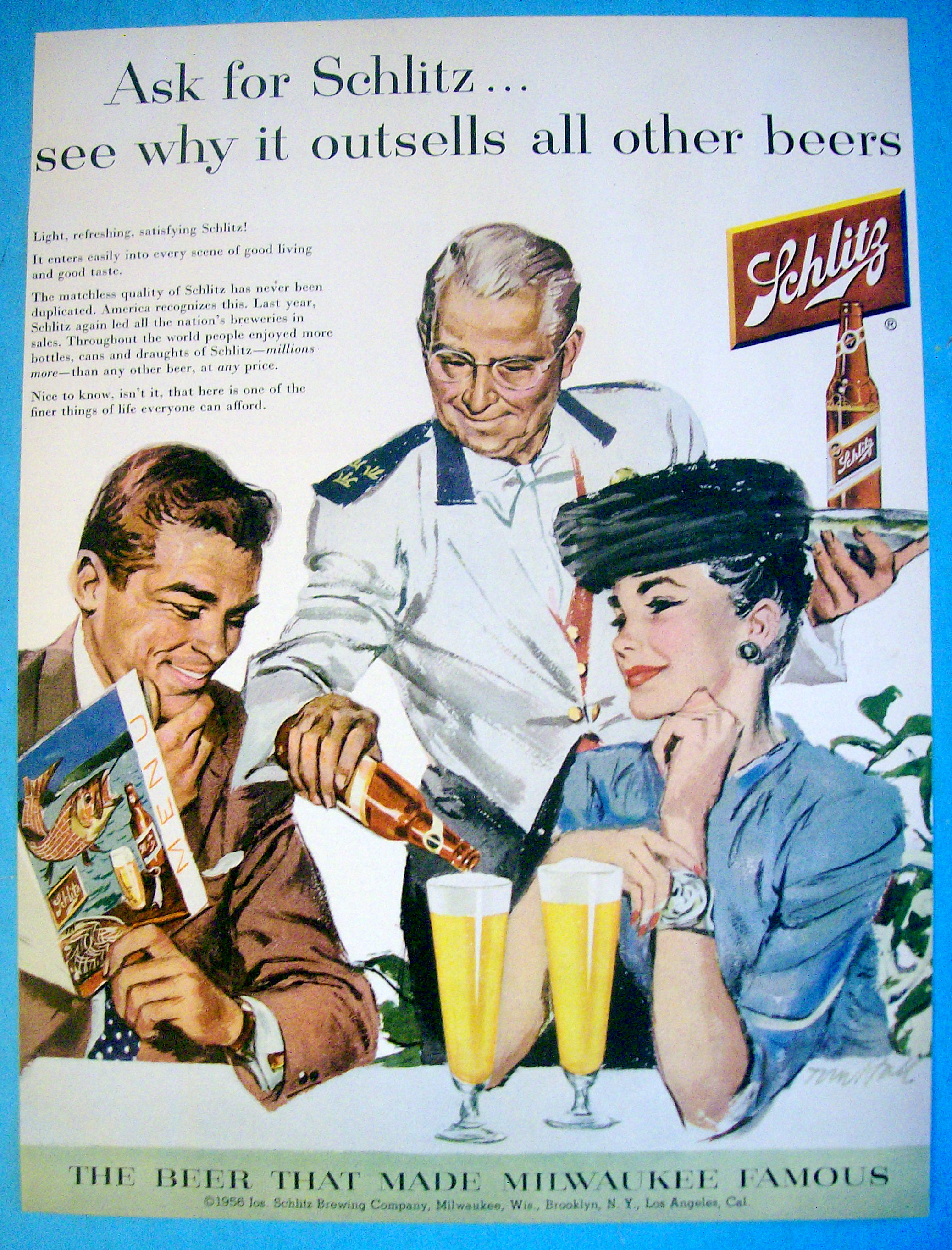 1956 Schlitz Beer with Couple At Restaurant