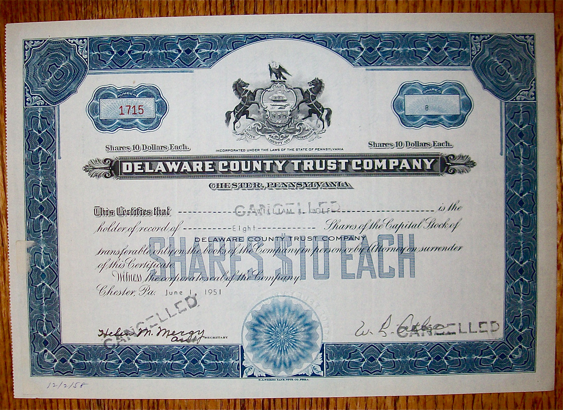 1951 Delaware County Trust Co Stock Certificate