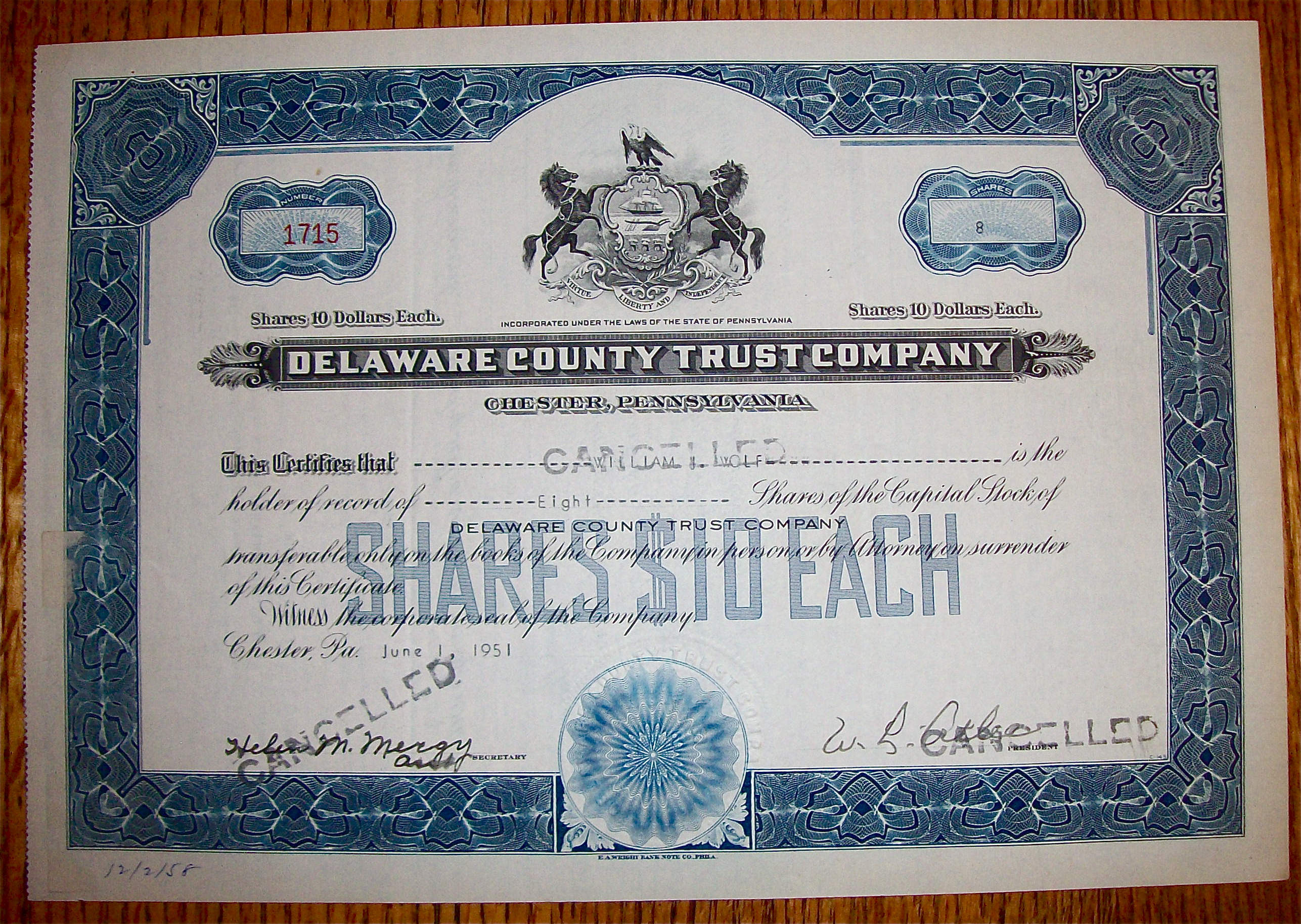 1951 Delaware County Trust Co Stock Certificate