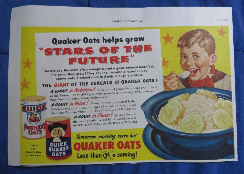 1951 Quaker Oats with Boy Eating a Bowl of Oats Cereal with Bananas