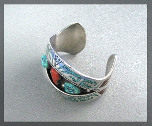 Navajo Turquoise Coral Sterling Silver  B. JAMES  Cuff