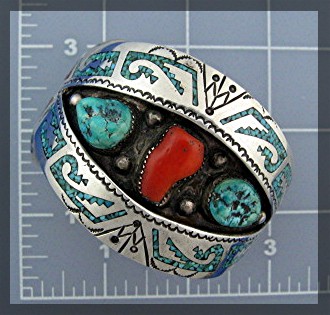 Navajo Turquoise Coral Sterling Silver  B. JAMES  Cuff