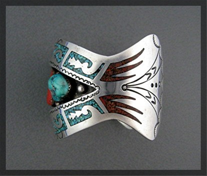 Navajo Turquoise Coral Sterling Silver  B. JAMES  Cuff