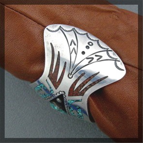 Navajo Turquoise Coral Sterling Silver  B. JAMES  Cuff