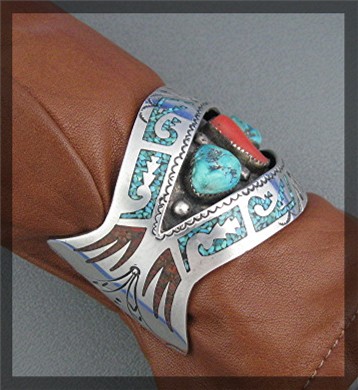 Navajo Turquoise Coral Sterling Silver  B. JAMES  Cuff