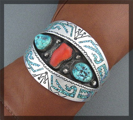 Navajo Turquoise Coral Sterling Silver  B. JAMES  Cuff