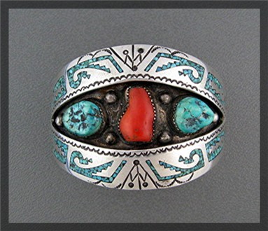 Navajo Turquoise Coral Sterling Silver B. JAMES Cuff