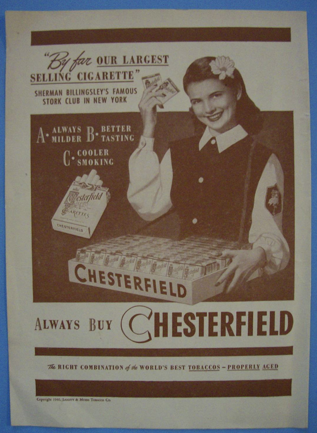 1946 Chesterfield Cigarettes w/ Girl Selling Cigarettes