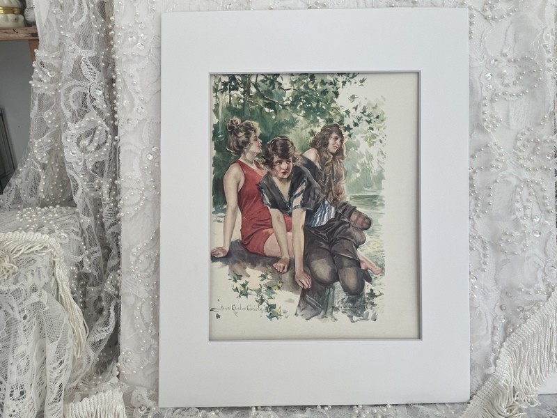 1916 Antique Howard Chandler Christy Art Print, Swimming, Edwardian Women at Lake