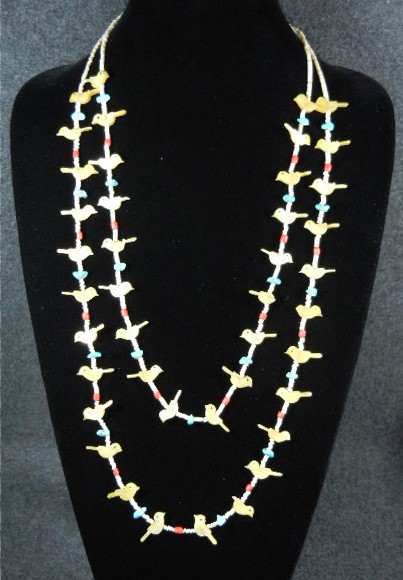 Navajo Golden Carved Birds Turquoise Heishi Necklace