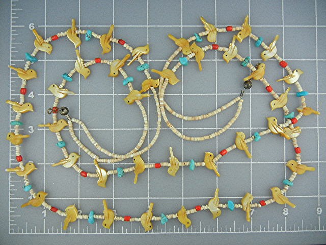Navajo Golden Carved Birds Turquoise Heishi Necklace