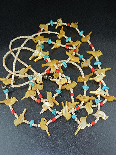 Navajo Golden Carved Birds Turquoise Heishi Necklace