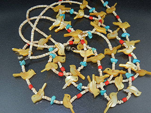 Navajo Golden Carved Birds Turquoise Heishi Necklace