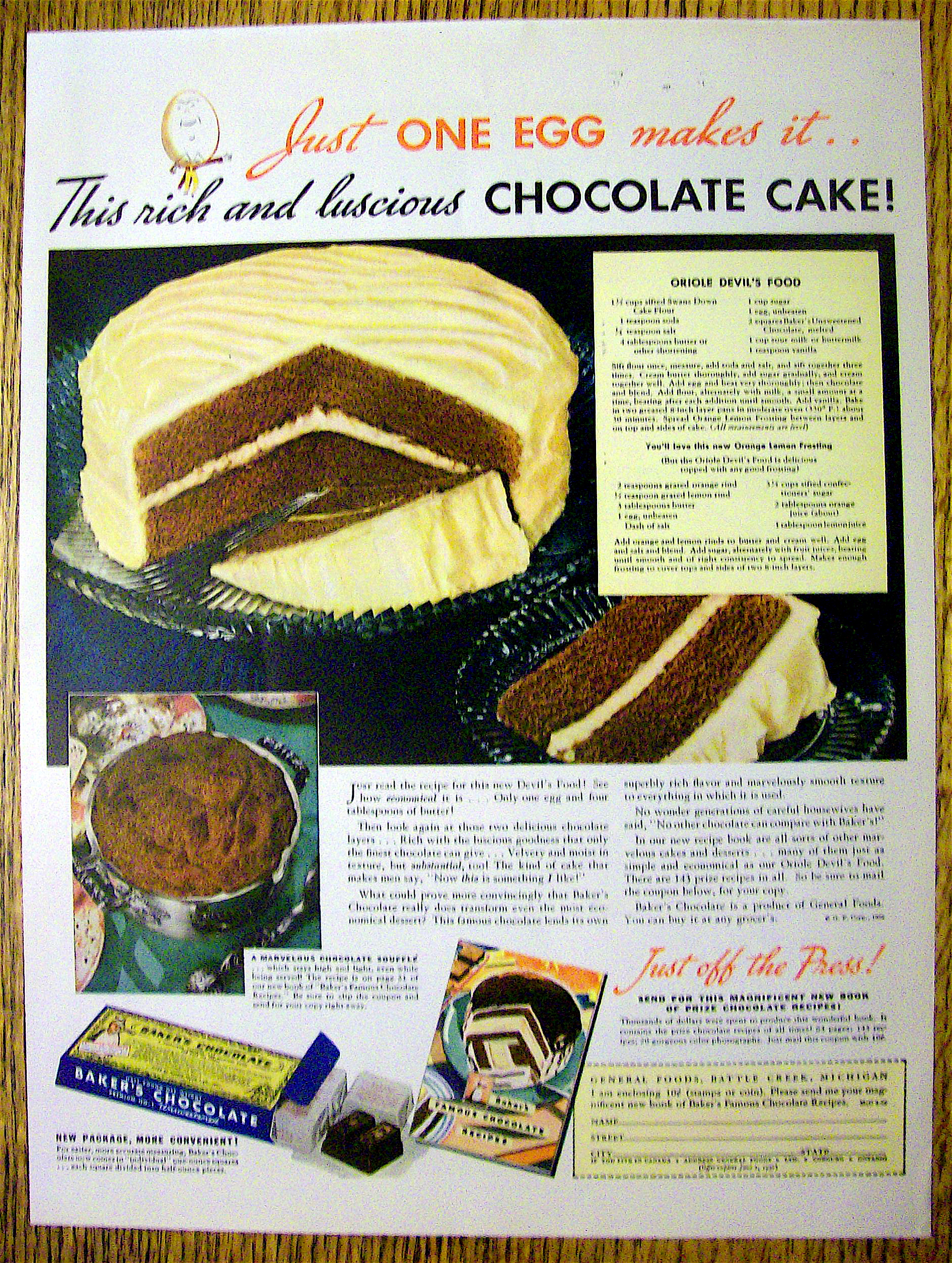 1936 Baker's Chocolate with Oriole Devil's Food Cake