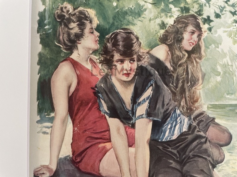 1916 Antique Howard Chandler Christy Art Print, Swimming, Edwardian Women at Lake