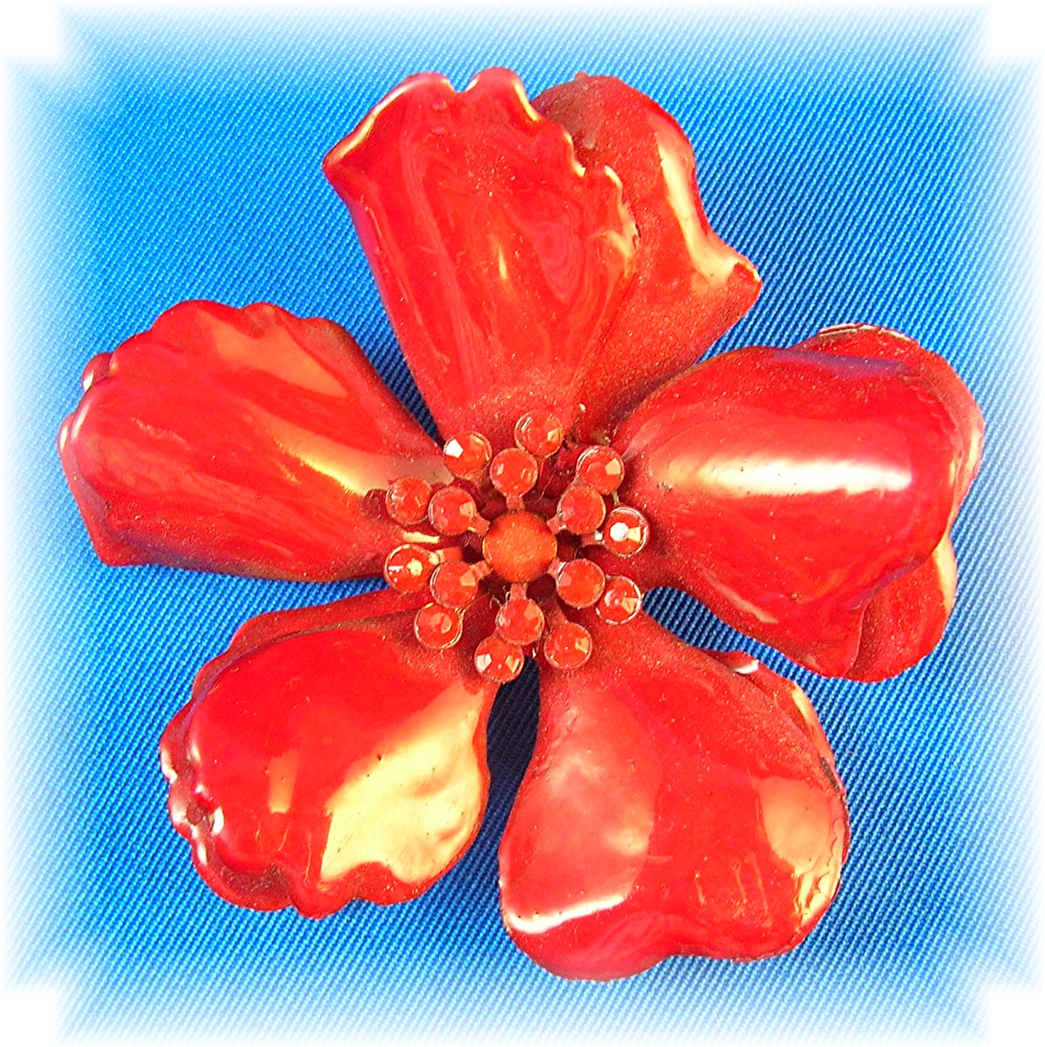 Large Red Plastic Glass Center Flower PinBrooch