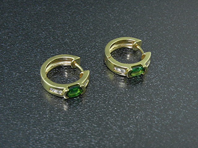 18K Gold Diamond Green Tourmaline  Huggie Earrings